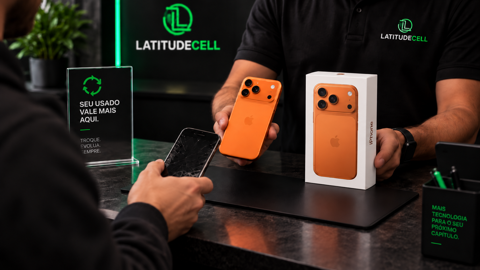 Cliente entregando um iPhone usado com a tela trincada no balcão da LatitudeCell, em troca de um iPhone novo lacrado